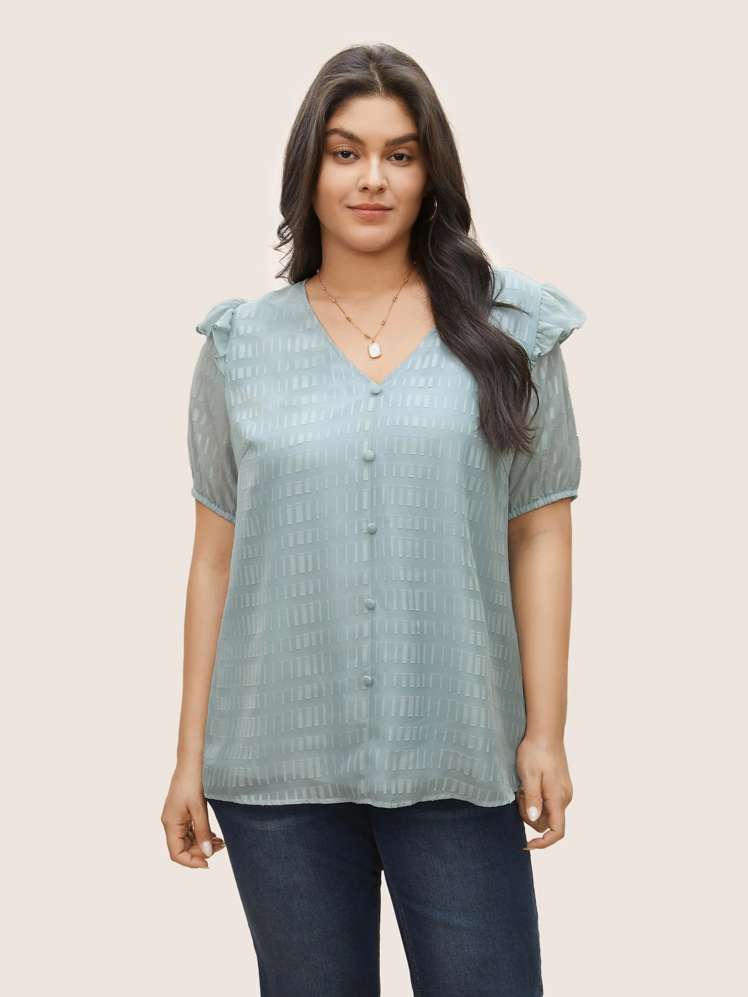 Solid Textured Gathered Ruffles Button Detail Blouse