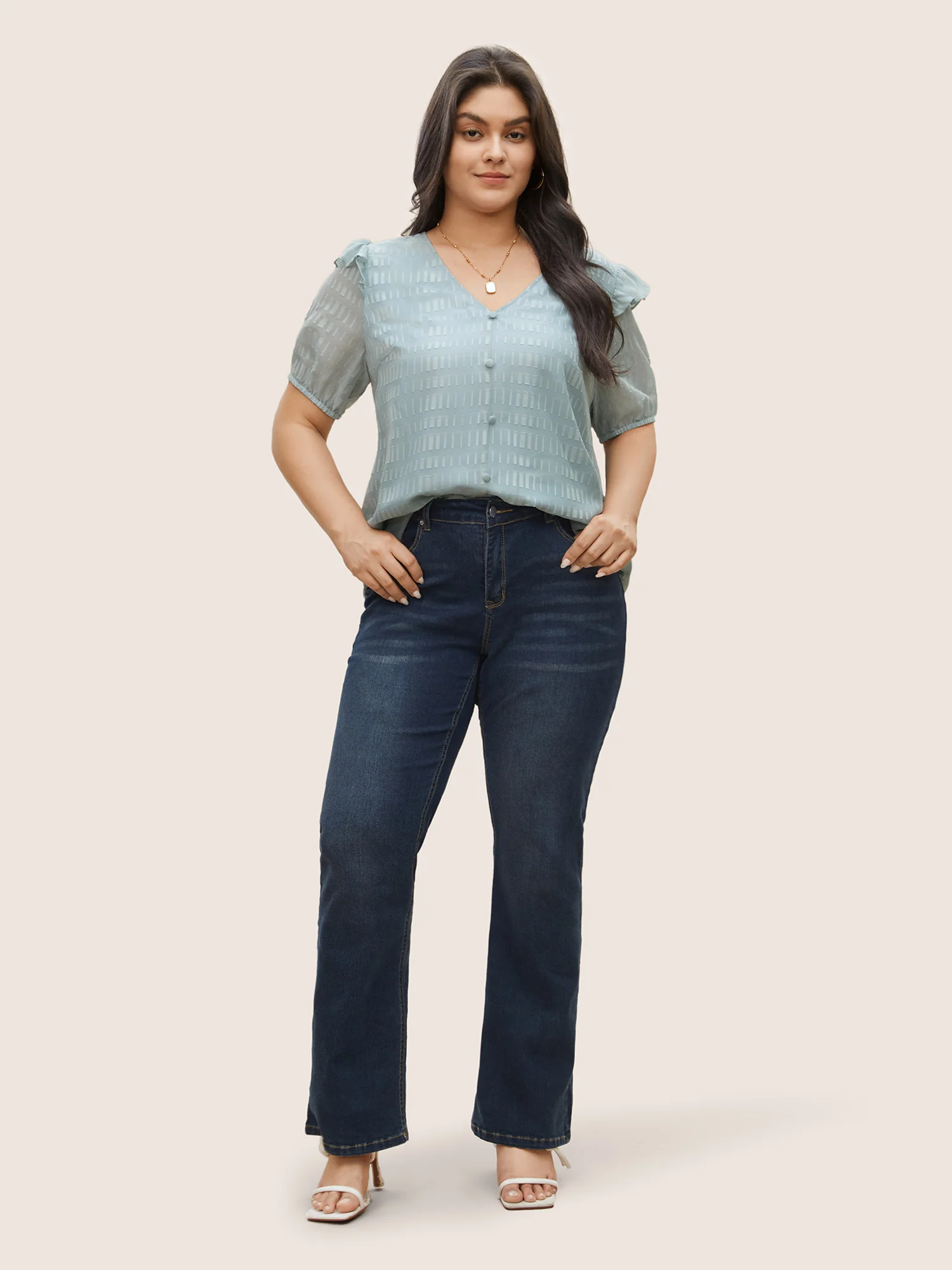 Solid Textured Gathered Ruffles Button Detail Blouse - Image 2