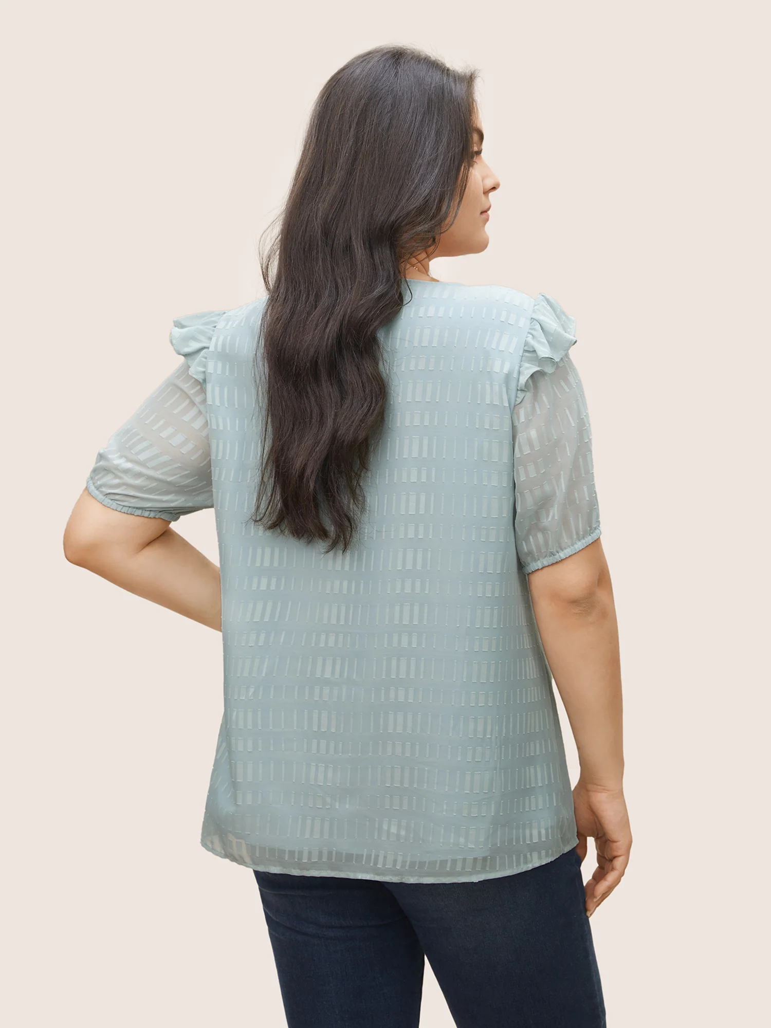 Solid Textured Gathered Ruffles Button Detail Blouse - Image 3