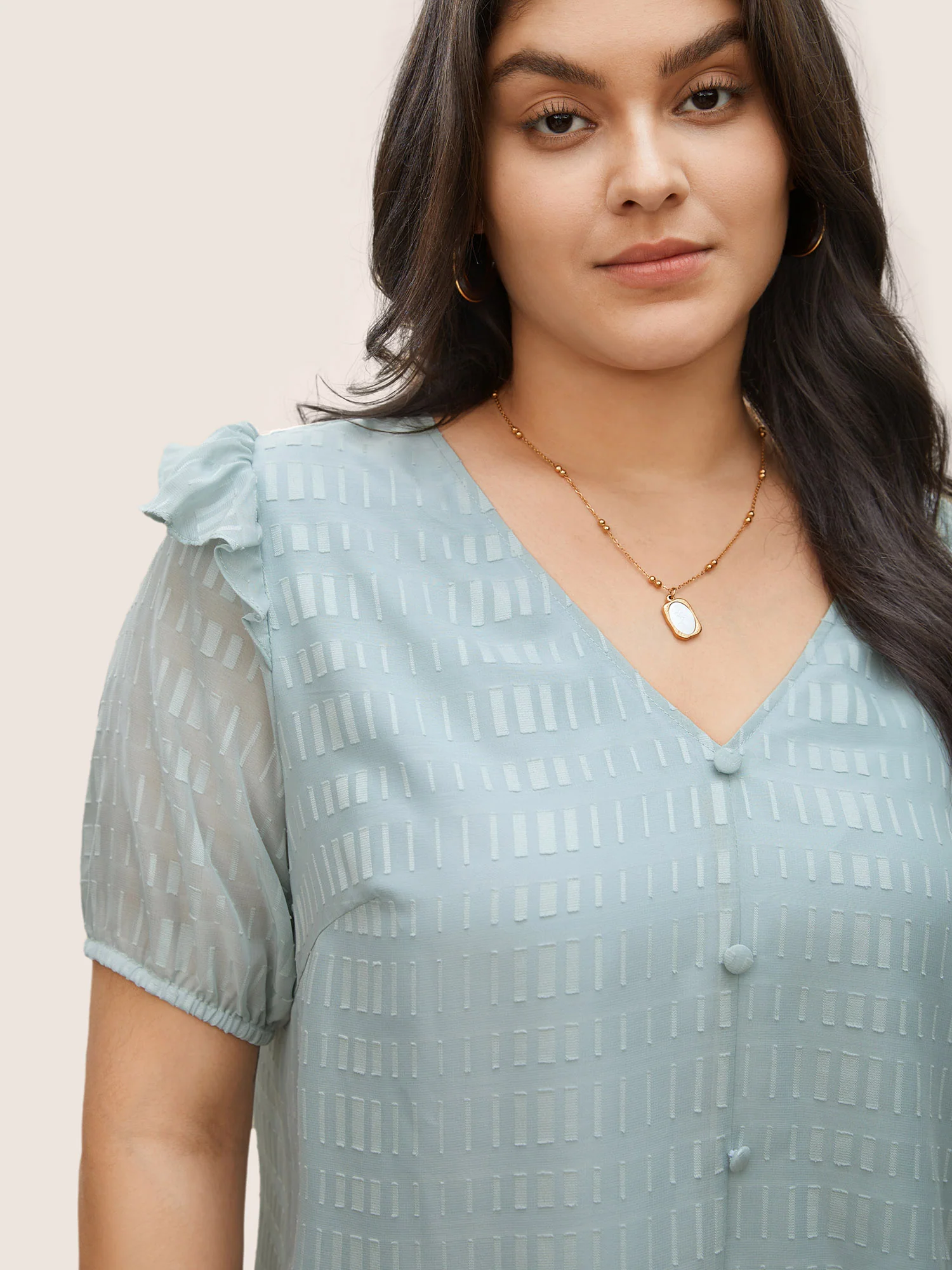 Solid Textured Gathered Ruffles Button Detail Blouse - Image 4