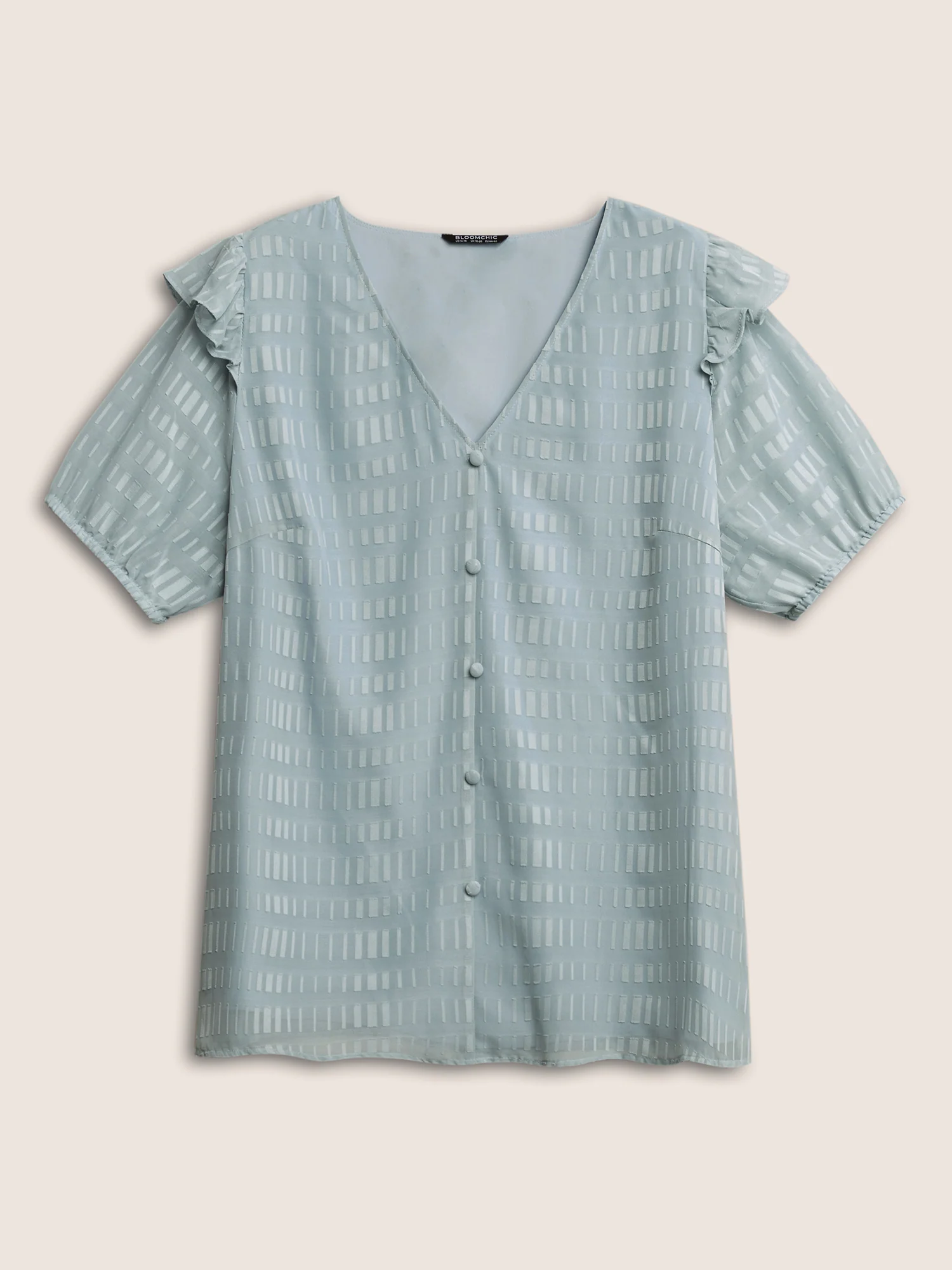 Solid Textured Gathered Ruffles Button Detail Blouse - Image 7