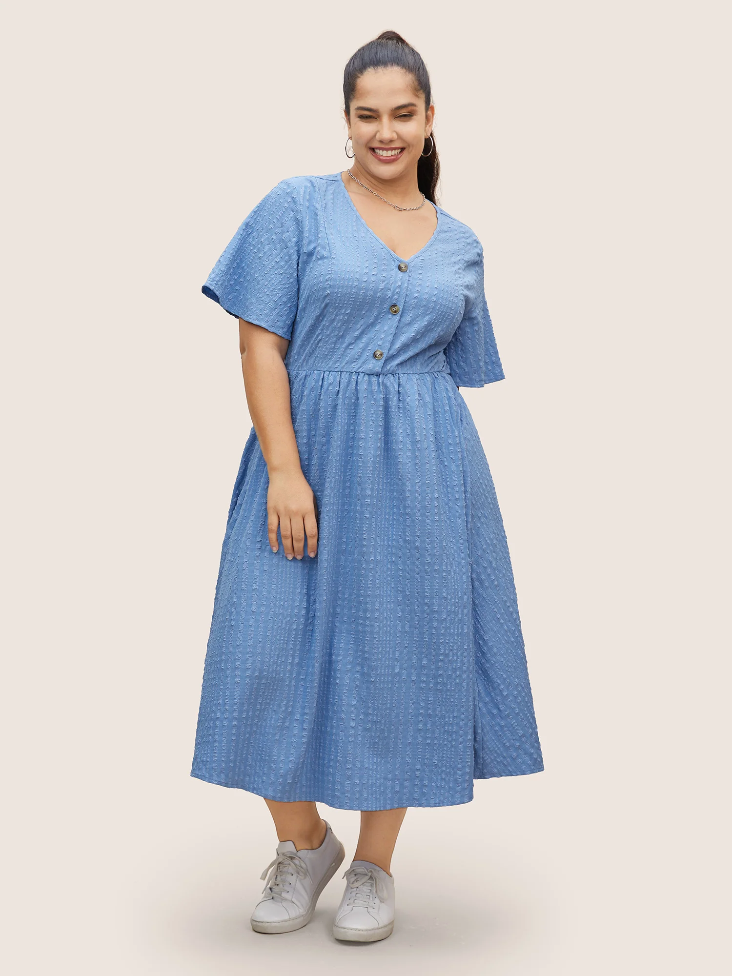 Solid Textured Jacquard Pocket Dress - Image 2