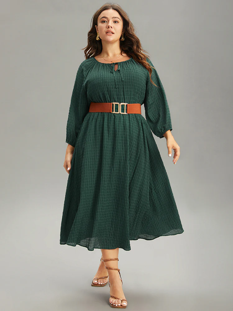 Solid Textured Knot Neck Gathered Lantern Sleeve Dress