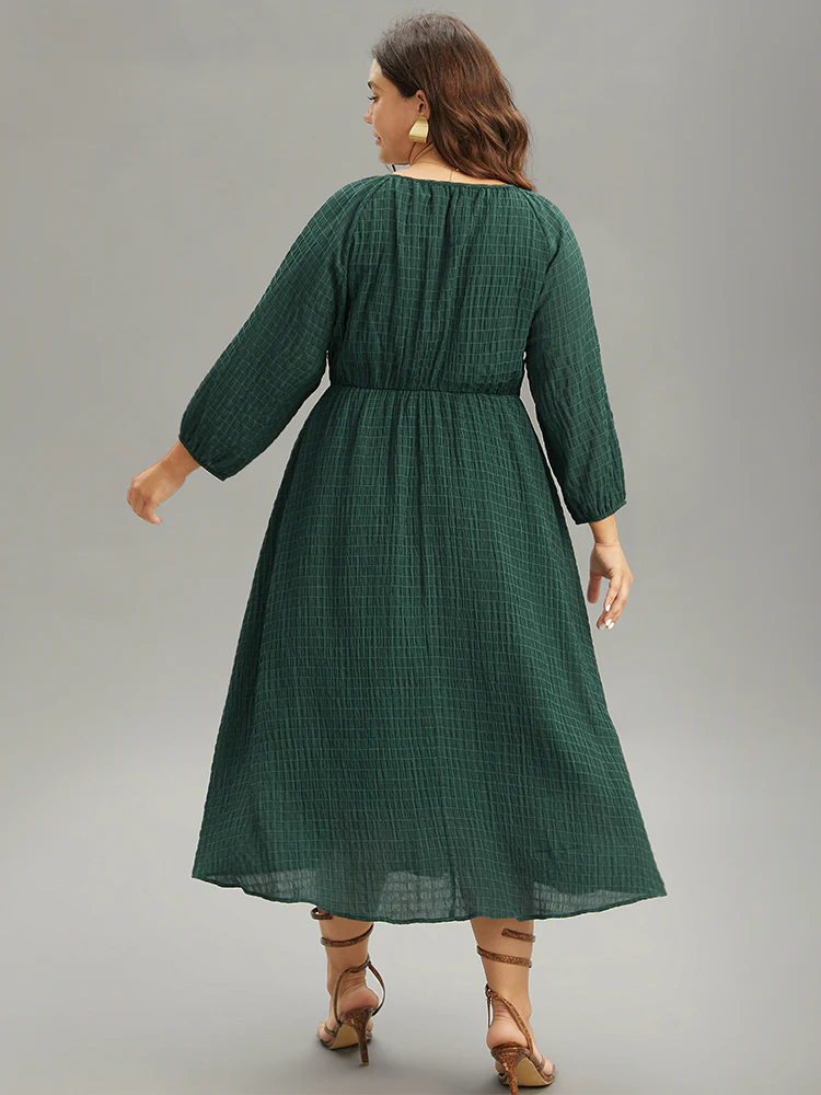 Solid Textured Knot Neck Gathered Lantern Sleeve Dress - Image 2