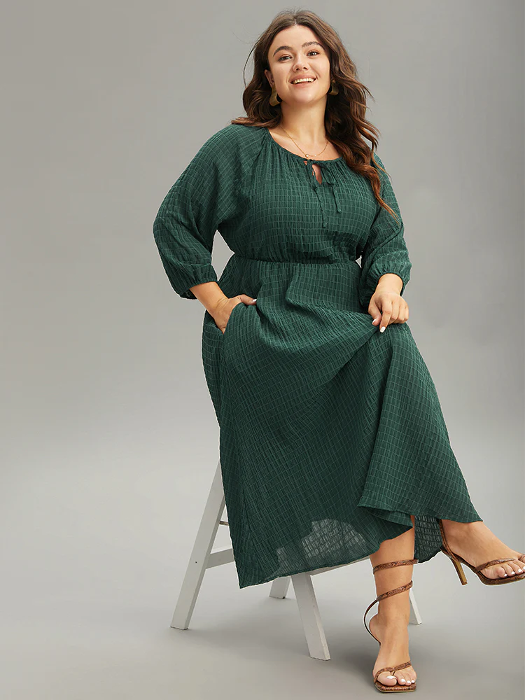 Solid Textured Knot Neck Gathered Lantern Sleeve Dress - Image 3