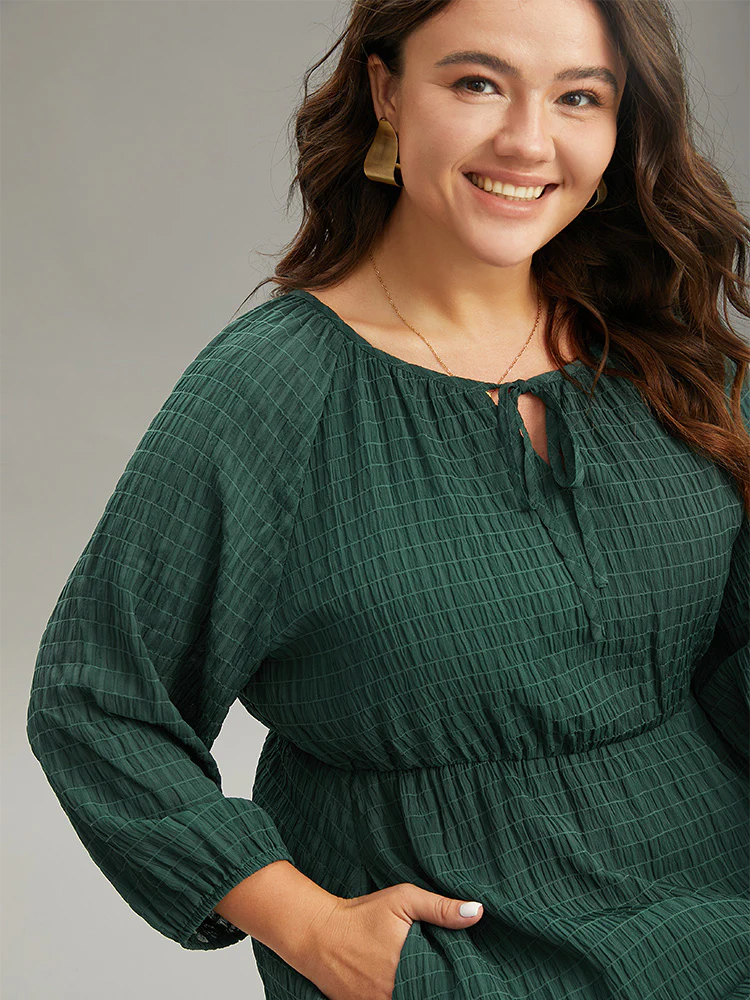 Solid Textured Knot Neck Gathered Lantern Sleeve Dress - Image 4