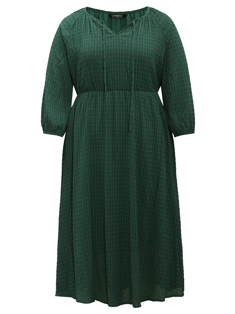 Solid Textured Knot Neck Gathered Lantern Sleeve Dress - Image 5