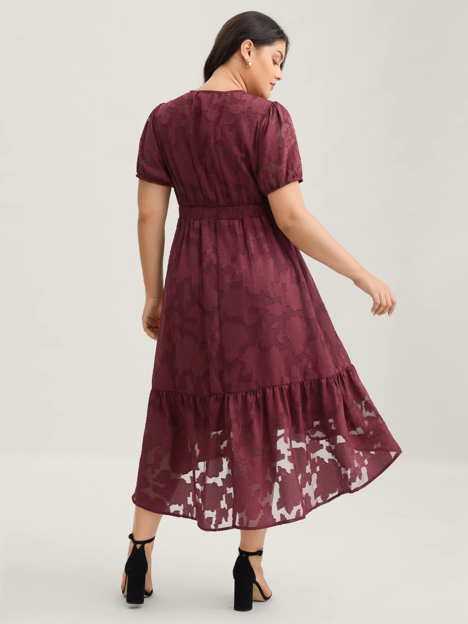 Solid Textured Lantern Sleeve Button Detail Dress - Image 10
