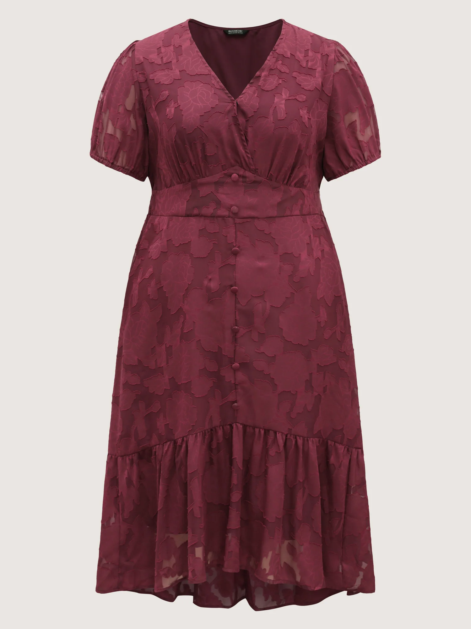 Solid Textured Lantern Sleeve Button Detail Dress - Image 13