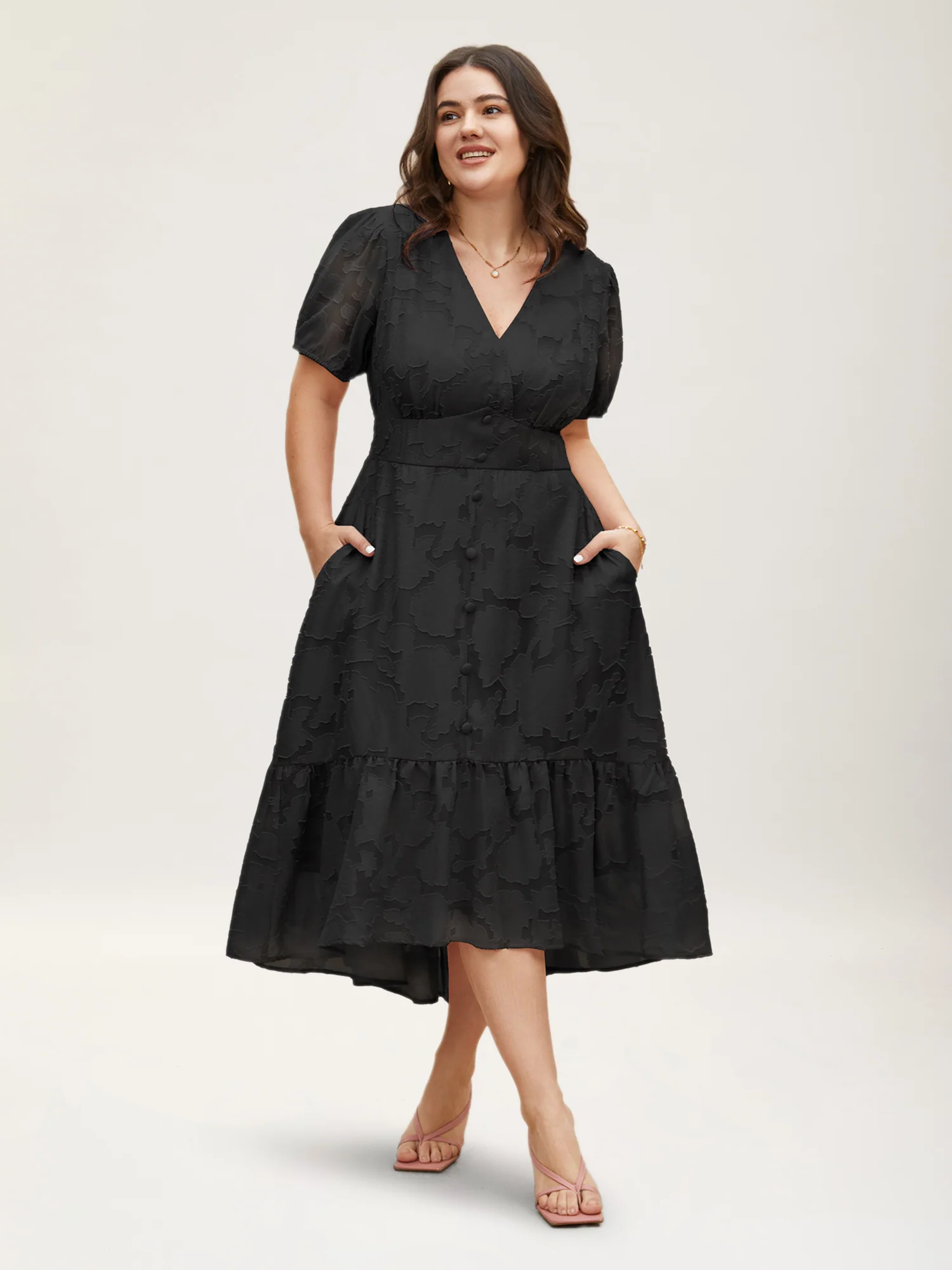 Solid Textured Lantern Sleeve Button Detail Dress - Image 14