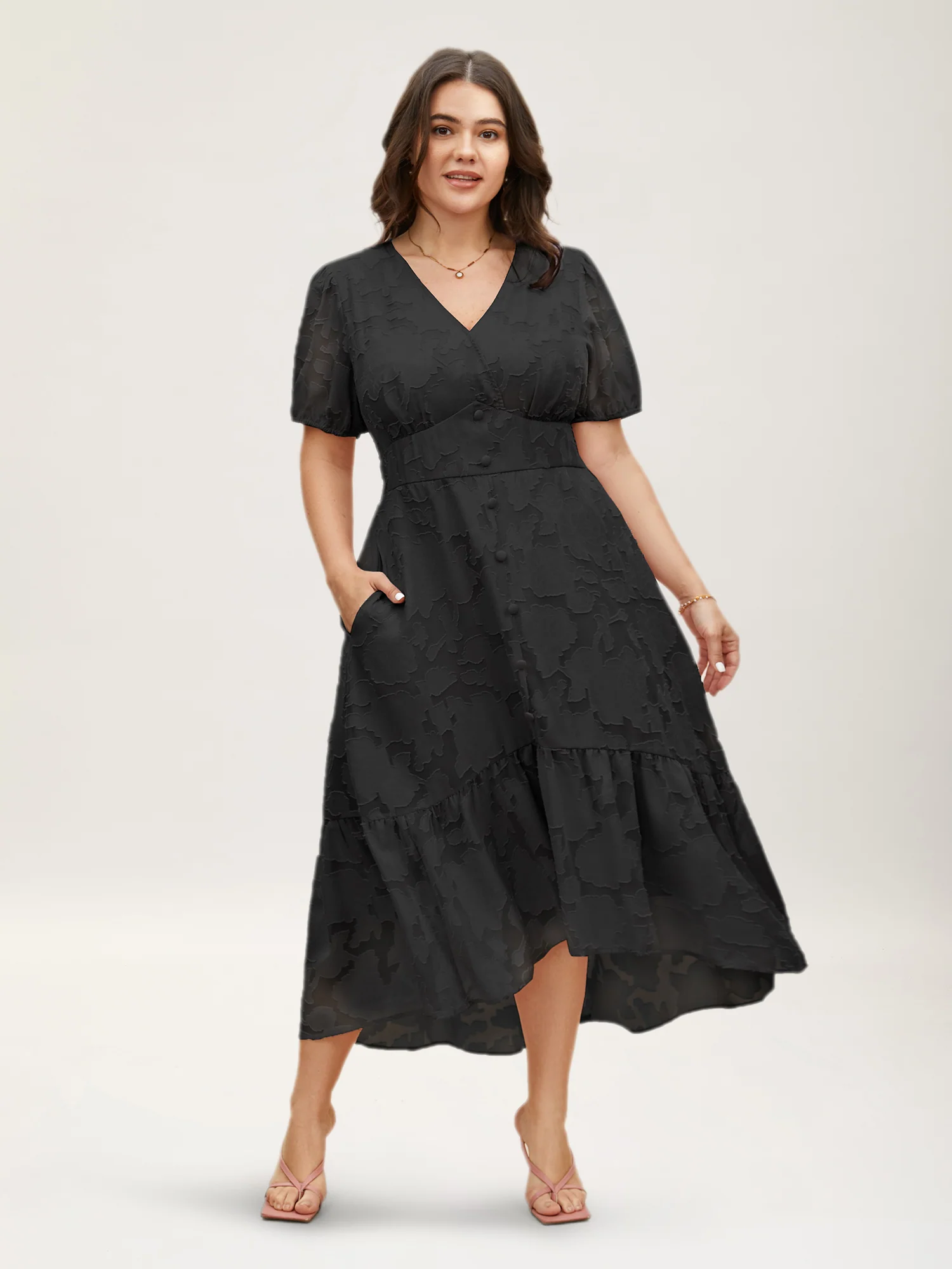 Solid Textured Lantern Sleeve Button Detail Dress - Image 15