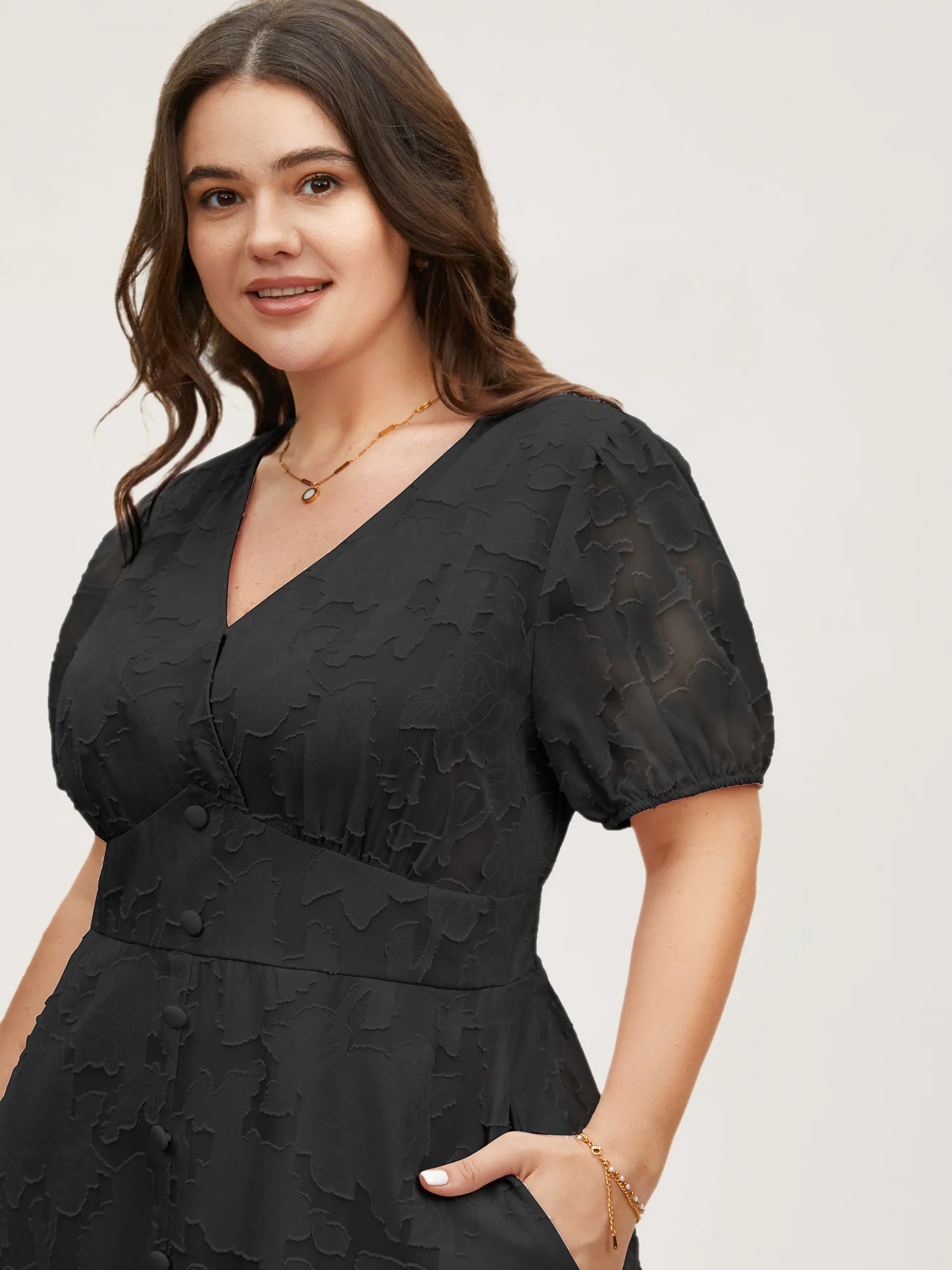 Solid Textured Lantern Sleeve Button Detail Dress - Image 16