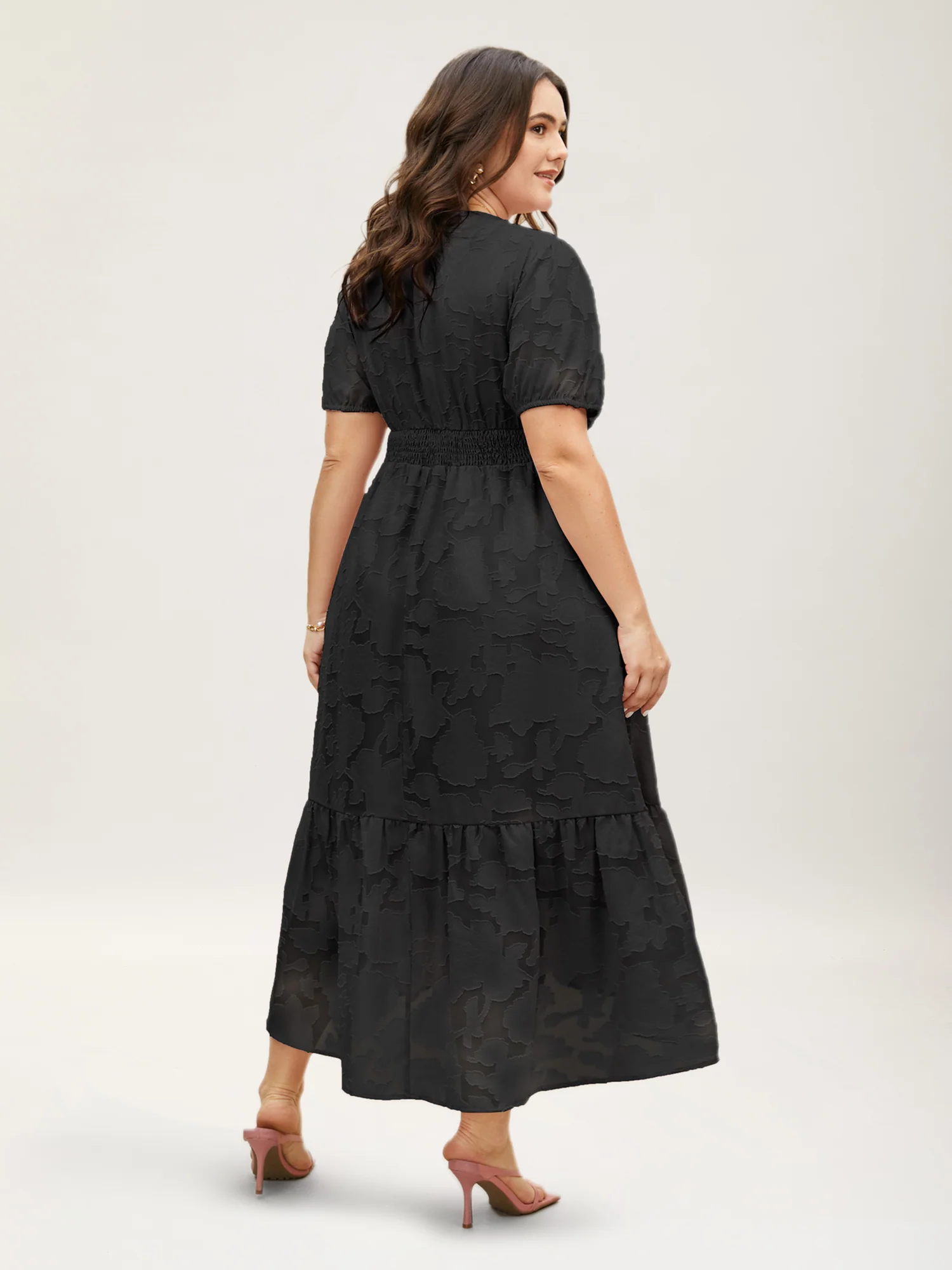 Solid Textured Lantern Sleeve Button Detail Dress - Image 17