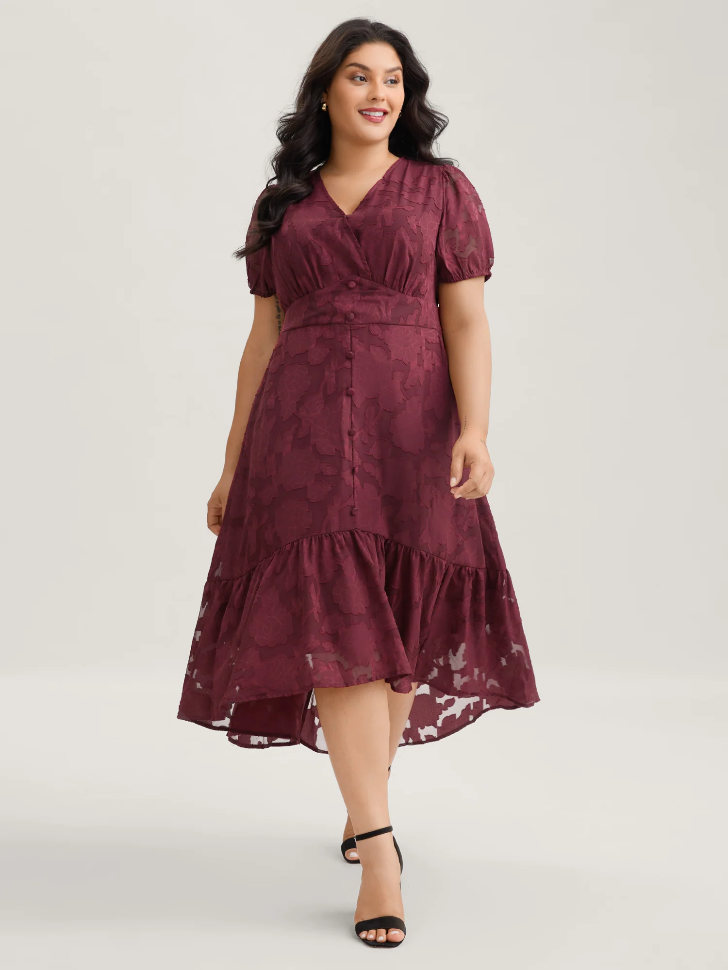 Solid Textured Lantern Sleeve Button Detail Dress - Image 7