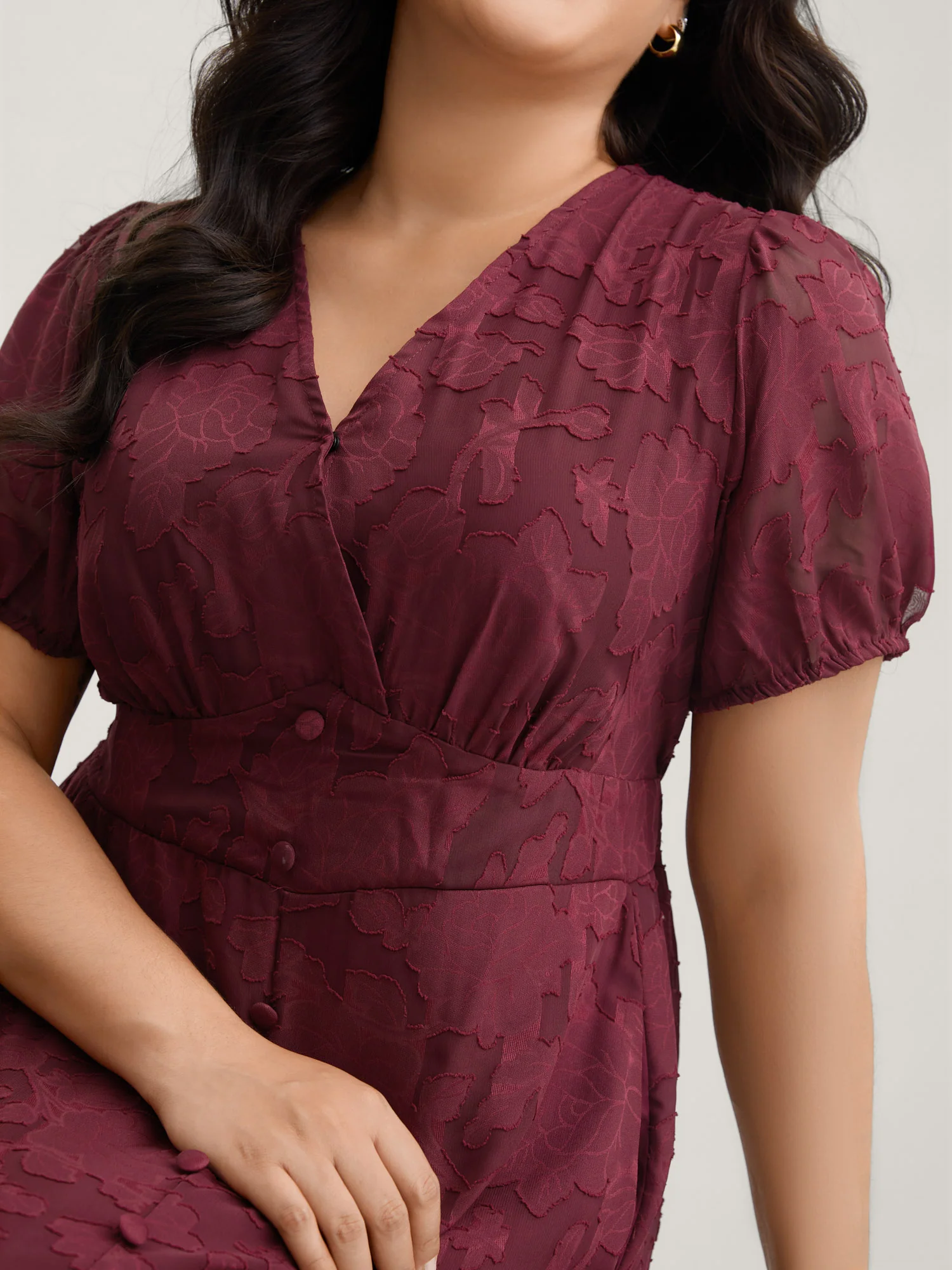 Solid Textured Lantern Sleeve Button Detail Dress - Image 8