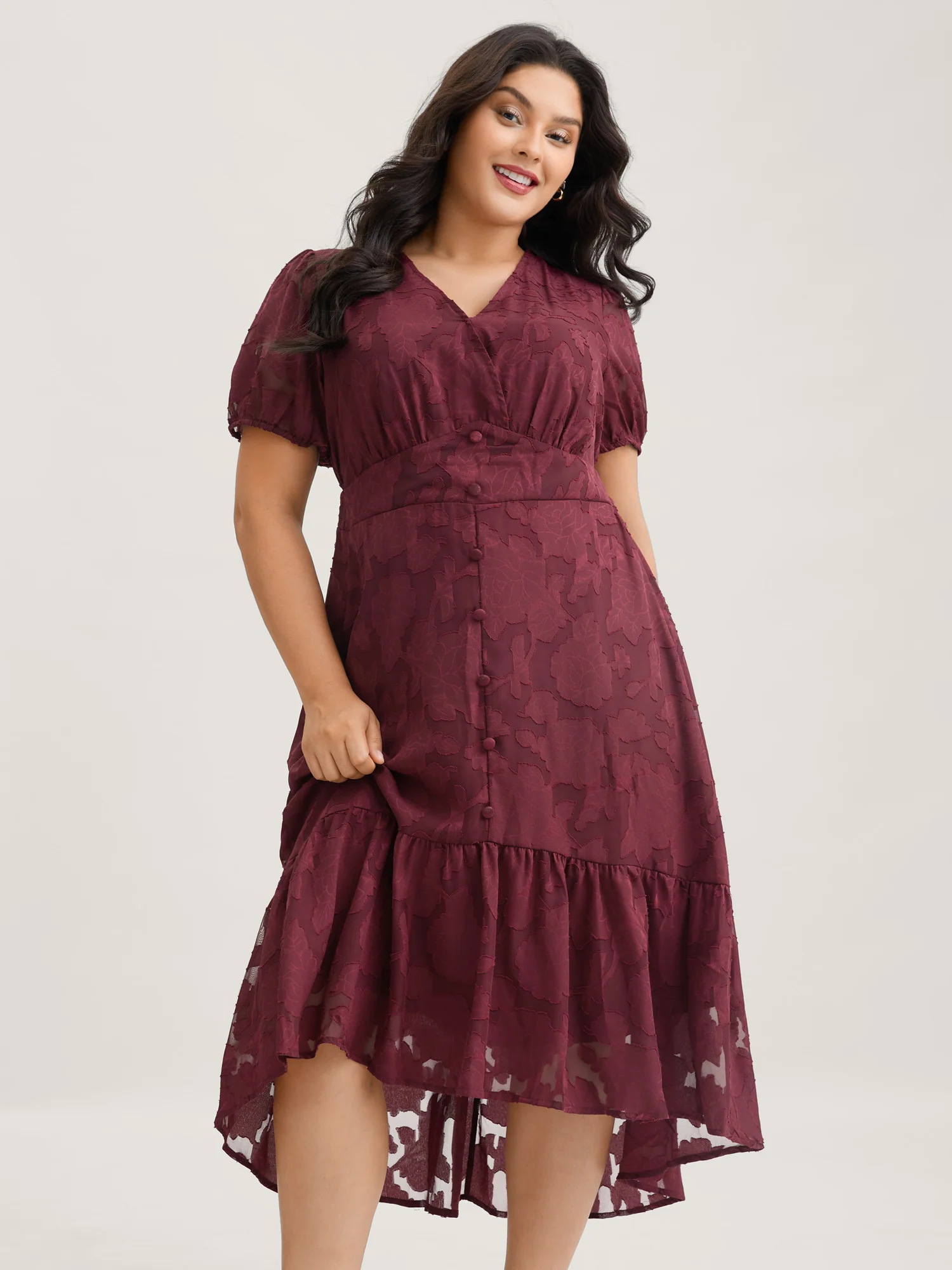 Solid Textured Lantern Sleeve Button Detail Dress - Image 9