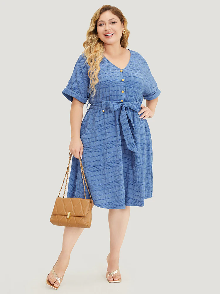 Solid Textured Pocket Roll Batwing Sleeve Button Up Knee Dress - Image 2