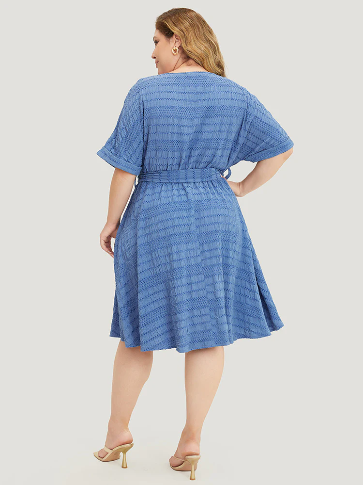 Solid Textured Pocket Roll Batwing Sleeve Button Up Knee Dress - Image 3