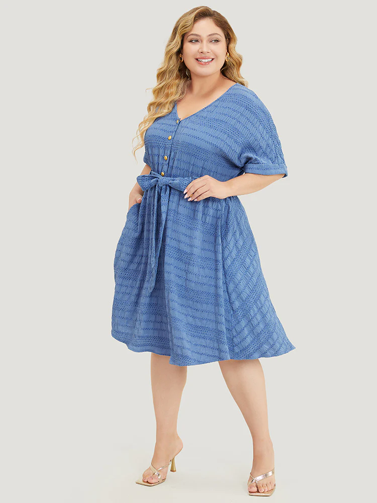 Solid Textured Pocket Roll Batwing Sleeve Button Up Knee Dress - Image 4