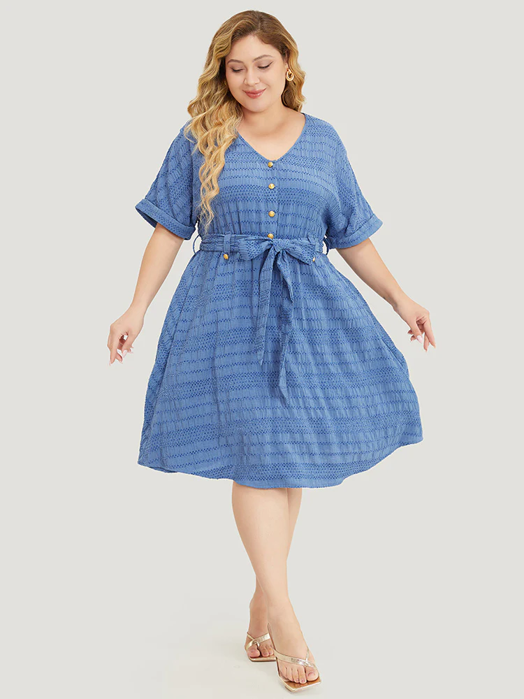Solid Textured Pocket Roll Batwing Sleeve Button Up Knee Dress - Image 5