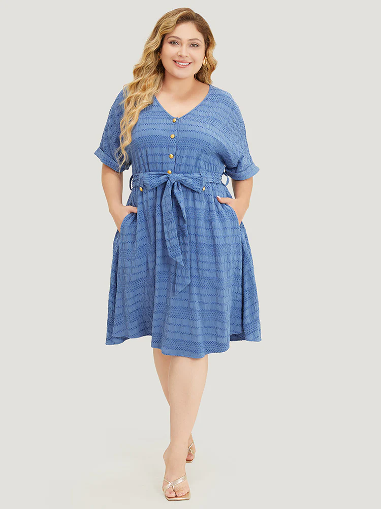 Solid Textured Pocket Roll Batwing Sleeve Button Up Knee Dress - Image 6