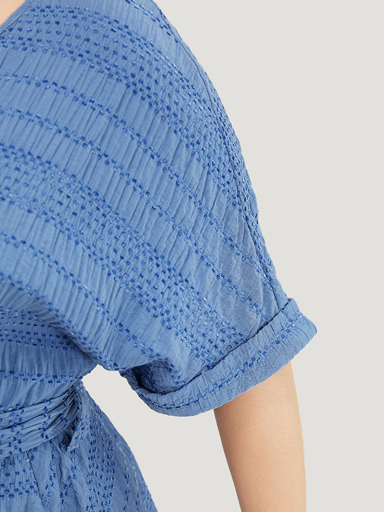 Solid Textured Pocket Roll Batwing Sleeve Button Up Knee Dress - Image 7