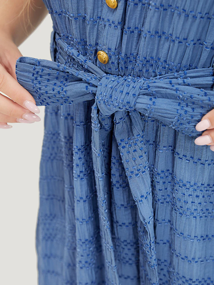Solid Textured Pocket Roll Batwing Sleeve Button Up Knee Dress - Image 8