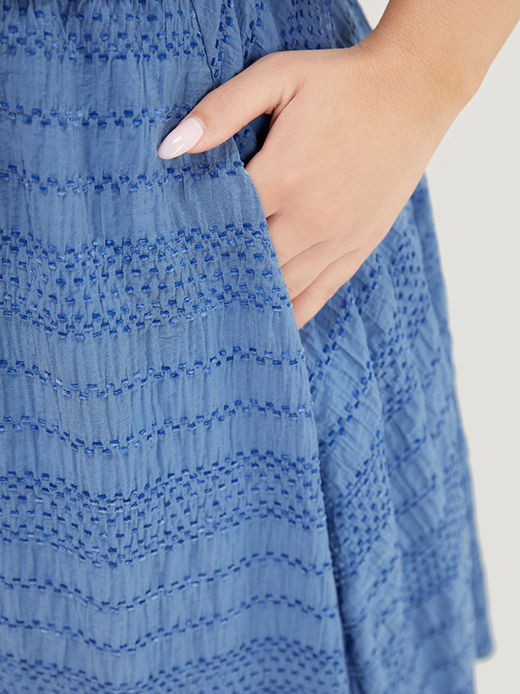 Solid Textured Pocket Roll Batwing Sleeve Button Up Knee Dress - Image 9