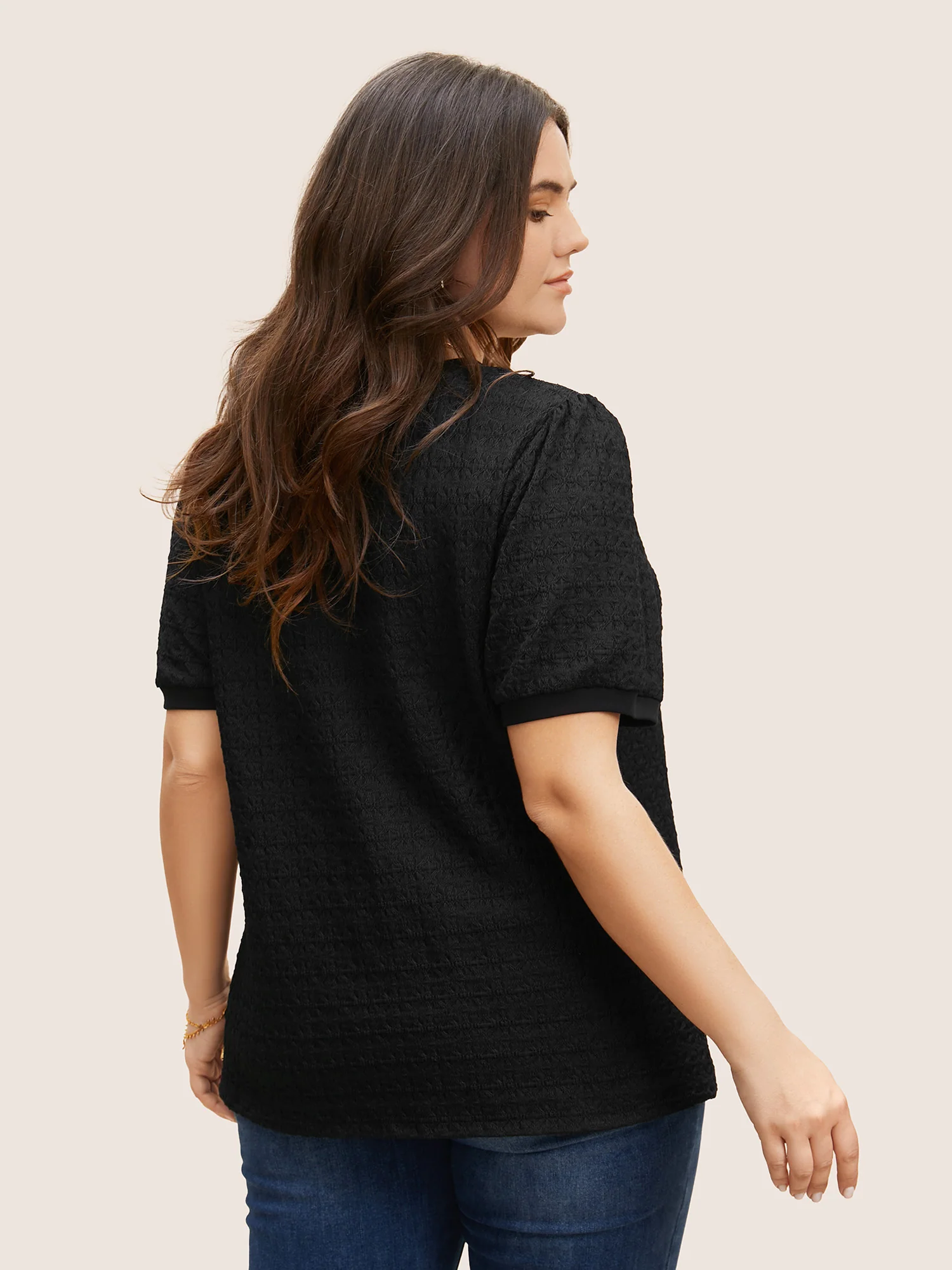 Solid Textured Round Neck T-shirt - Image 3