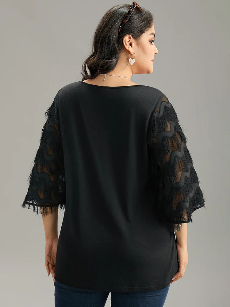 Solid Textured Tassel Trim Ruffle Sleeve T-shirt - Image 2