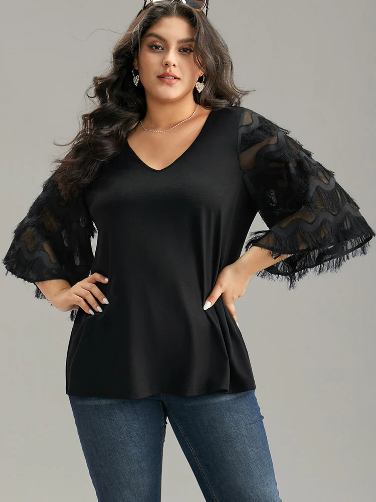 Solid Textured Tassel Trim Ruffle Sleeve T-shirt - Image 3