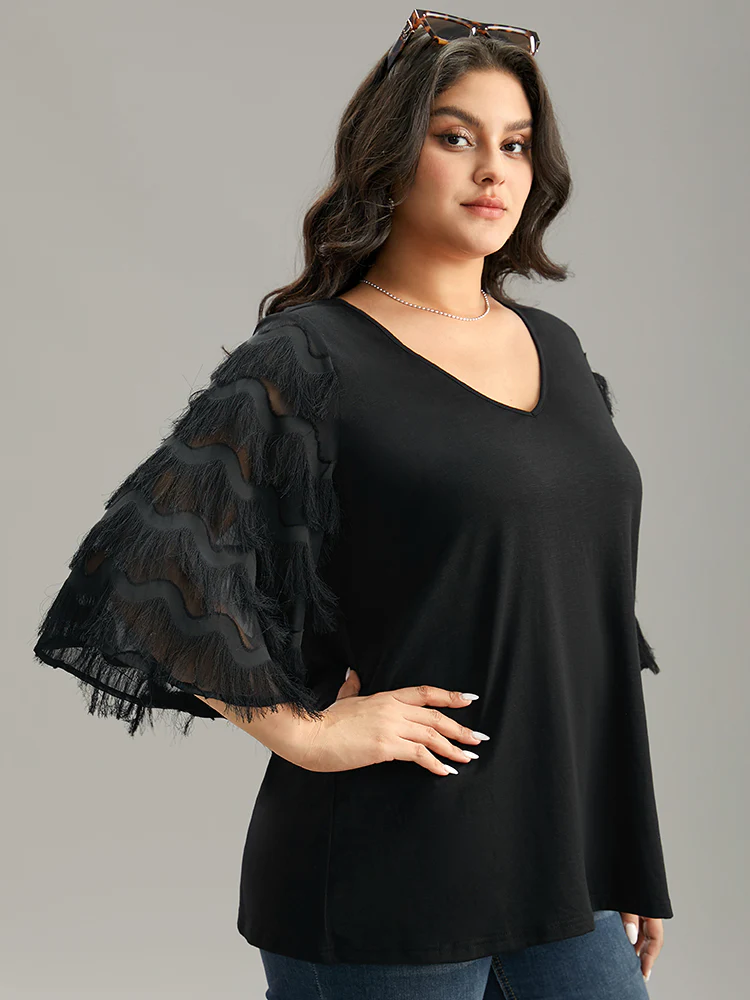 Solid Textured Tassel Trim Ruffle Sleeve T-shirt - Image 4