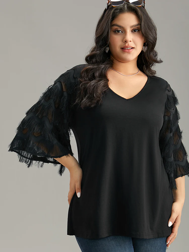 Solid Textured Tassel Trim Ruffle Sleeve T-shirt - Image 5