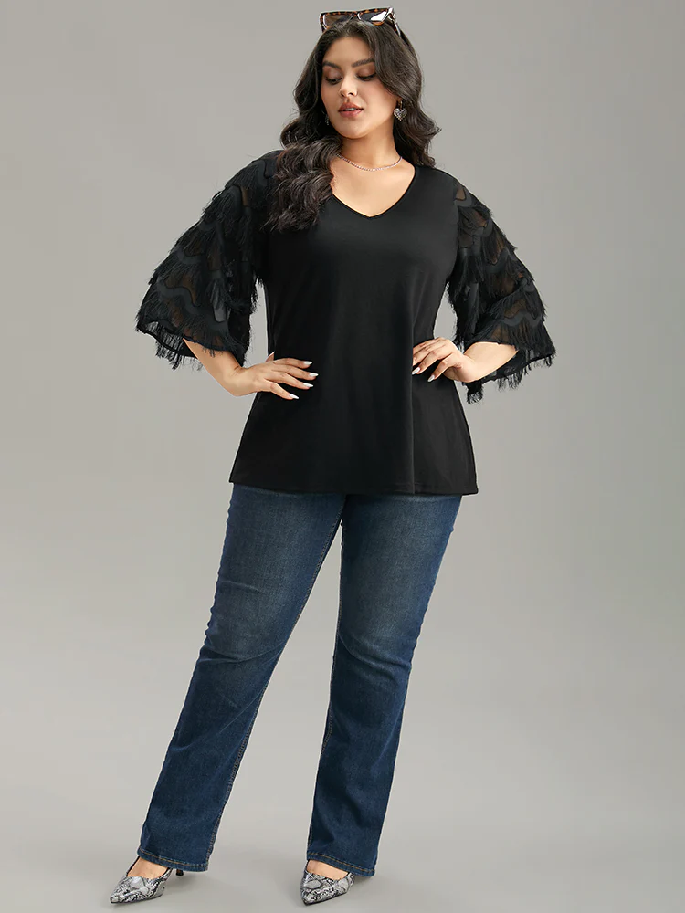 Solid Textured Tassel Trim Ruffle Sleeve T-shirt - Image 6
