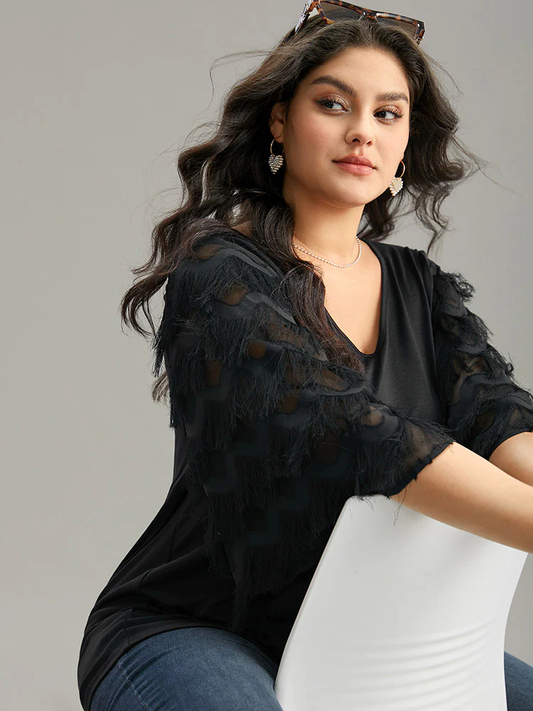 Solid Textured Tassel Trim Ruffle Sleeve T-shirt - Image 7