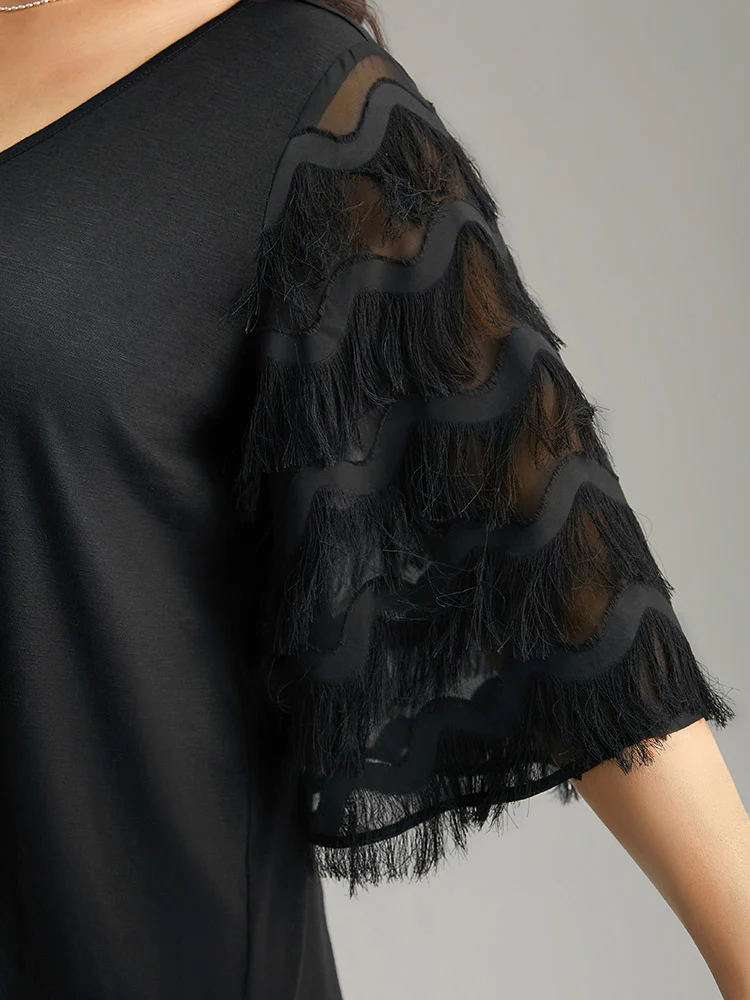 Solid Textured Tassel Trim Ruffle Sleeve T-shirt - Image 8