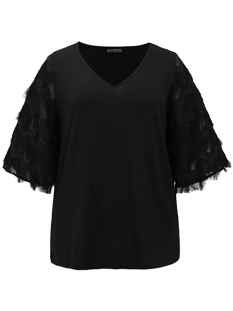 Solid Textured Tassel Trim Ruffle Sleeve T-shirt - Image 9