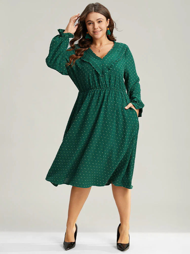 Solid Textured V Neck Lantern Sleeve Frill Trim Dress - Image 2