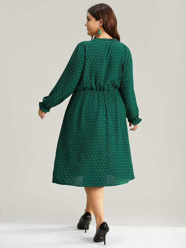 Solid Textured V Neck Lantern Sleeve Frill Trim Dress - Image 3