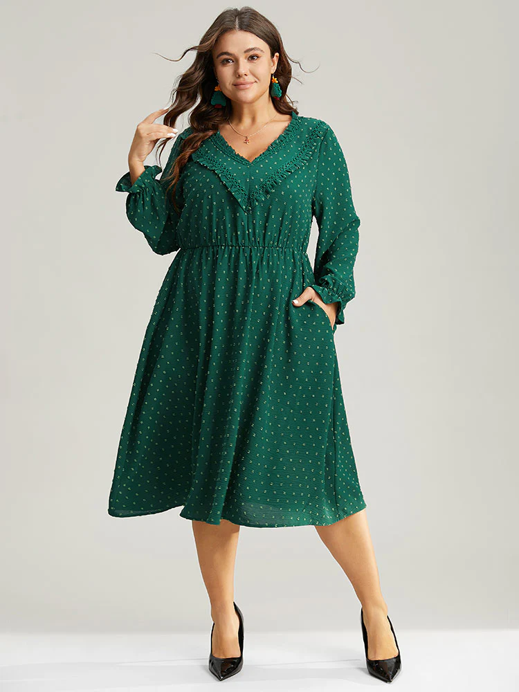 Solid Textured V Neck Lantern Sleeve Frill Trim Dress - Image 5