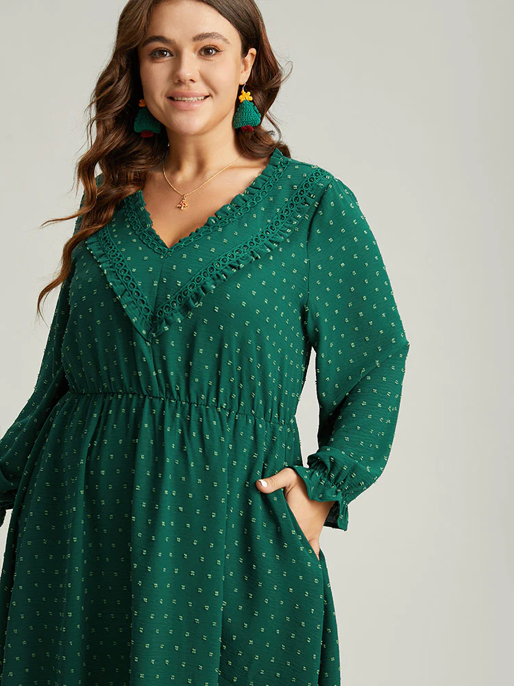 Solid Textured V Neck Lantern Sleeve Frill Trim Dress - Image 6