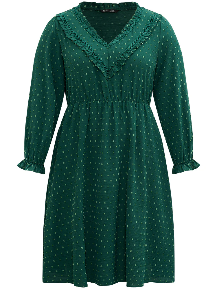 Solid Textured V Neck Lantern Sleeve Frill Trim Dress - Image 7