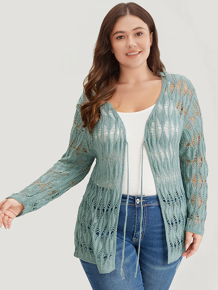 Solid Tie Front Hollow Out Cardigan - Image 3