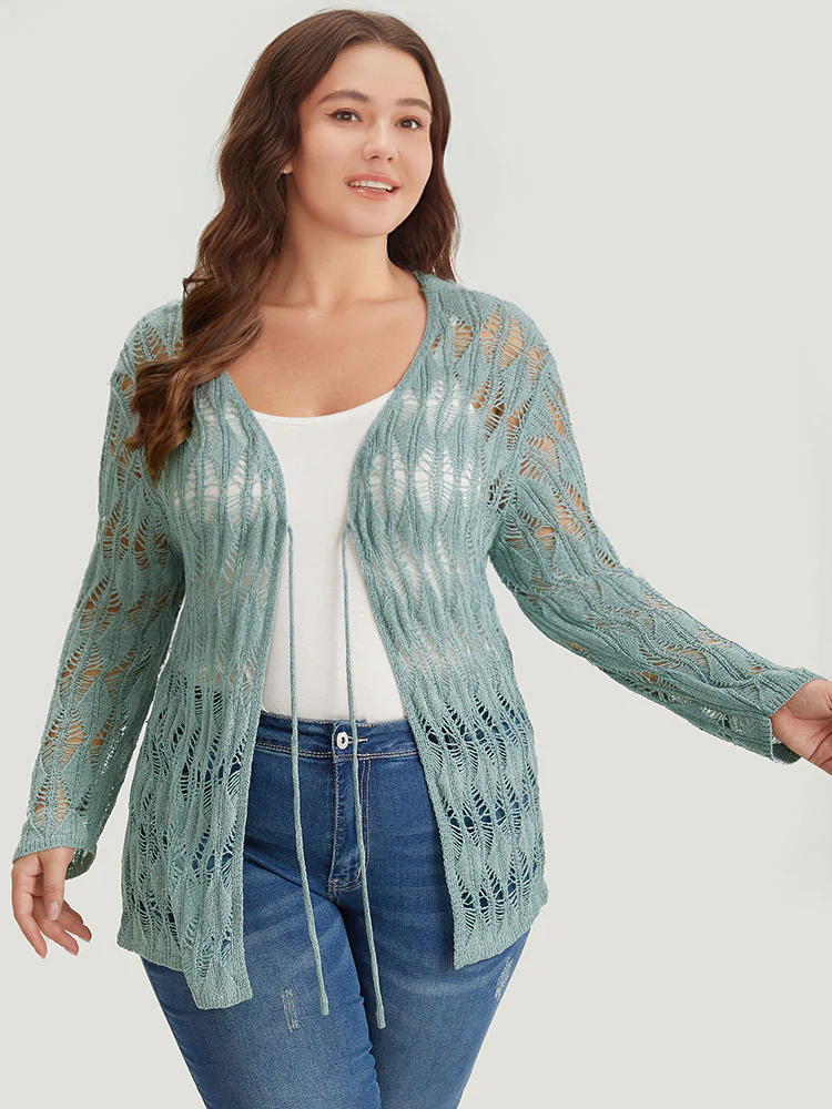 Solid Tie Front Hollow Out Cardigan - Image 4