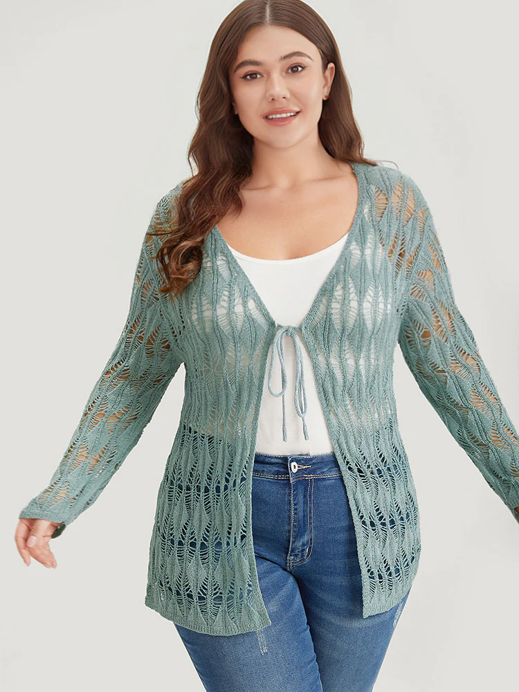 Solid Tie Front Hollow Out Cardigan - Image 5
