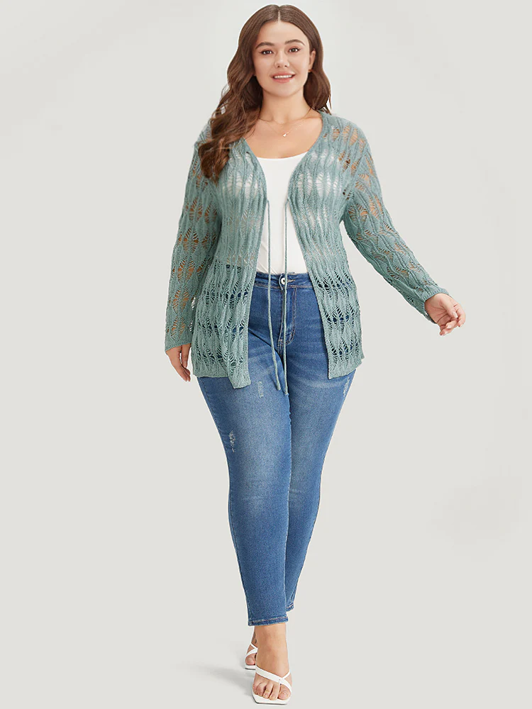 Solid Tie Front Hollow Out Cardigan - Image 6