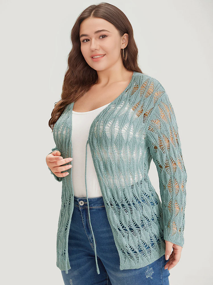 Solid Tie Front Hollow Out Cardigan - Image 7