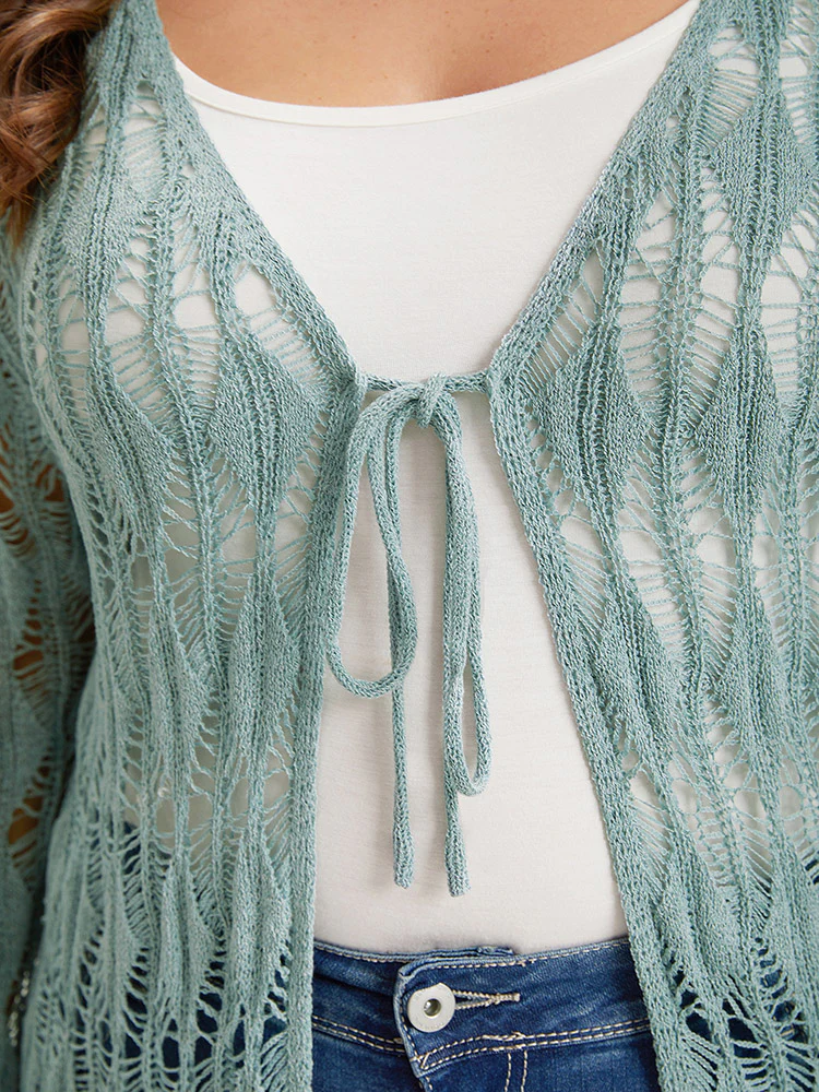 Solid Tie Front Hollow Out Cardigan - Image 8