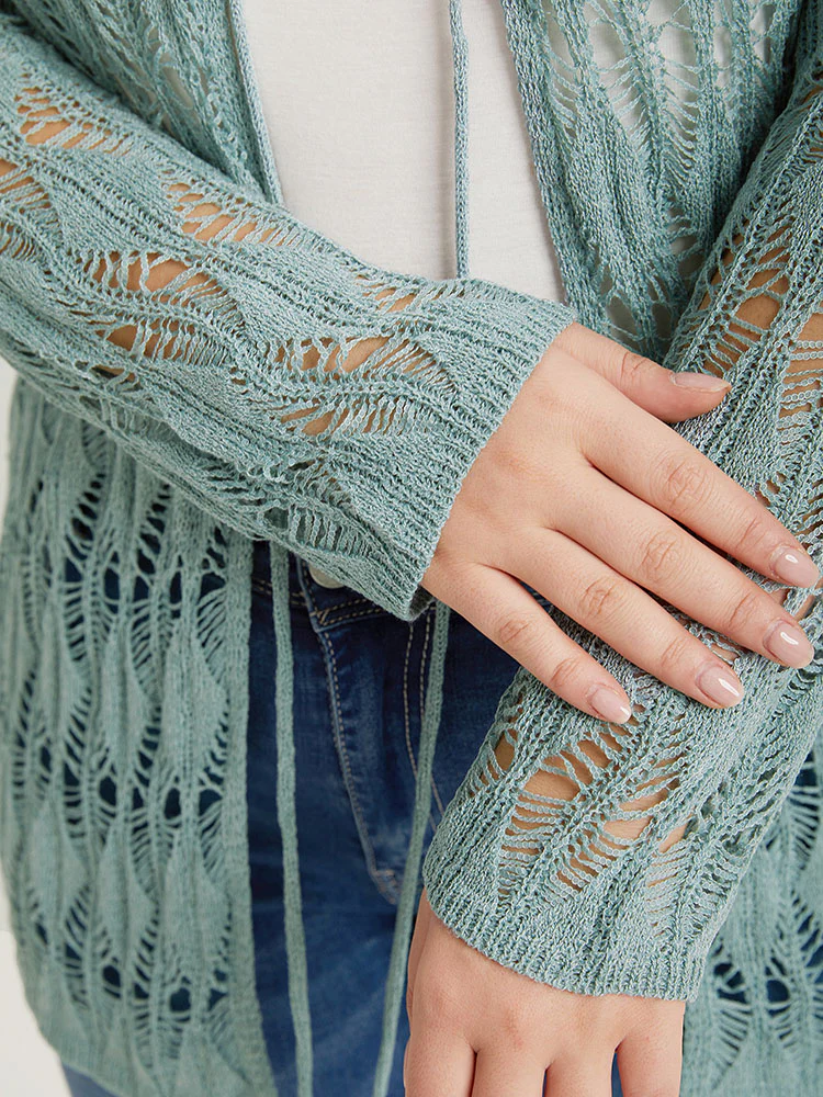 Solid Tie Front Hollow Out Cardigan - Image 9