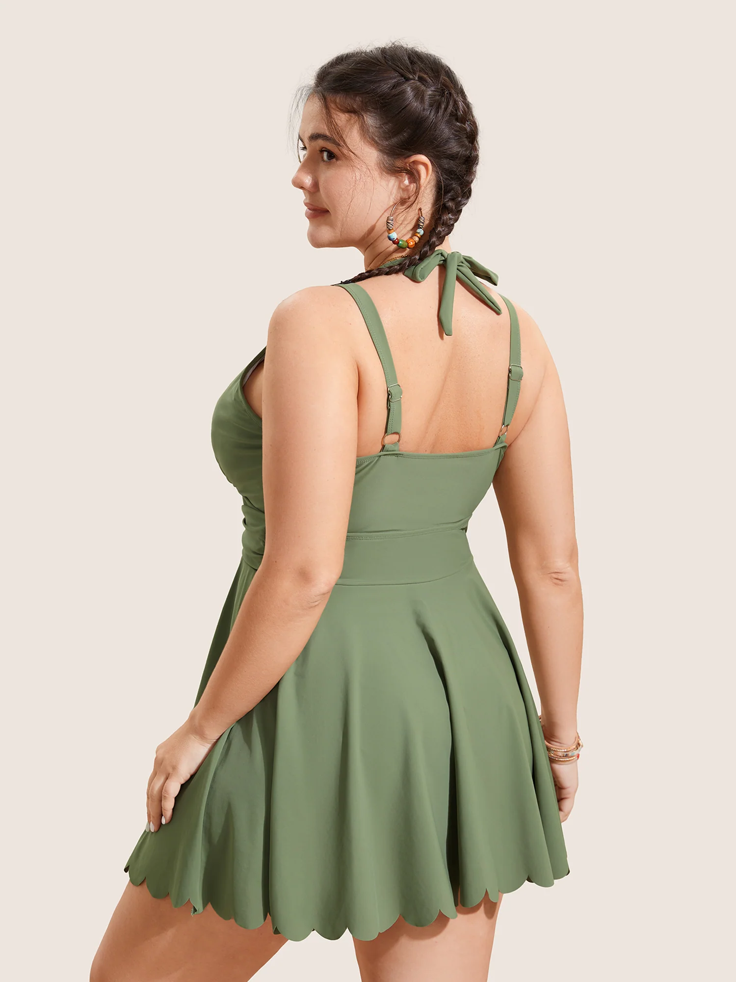 Solid Tie Knot Metal Shell Detail Swim Dress - Image 2